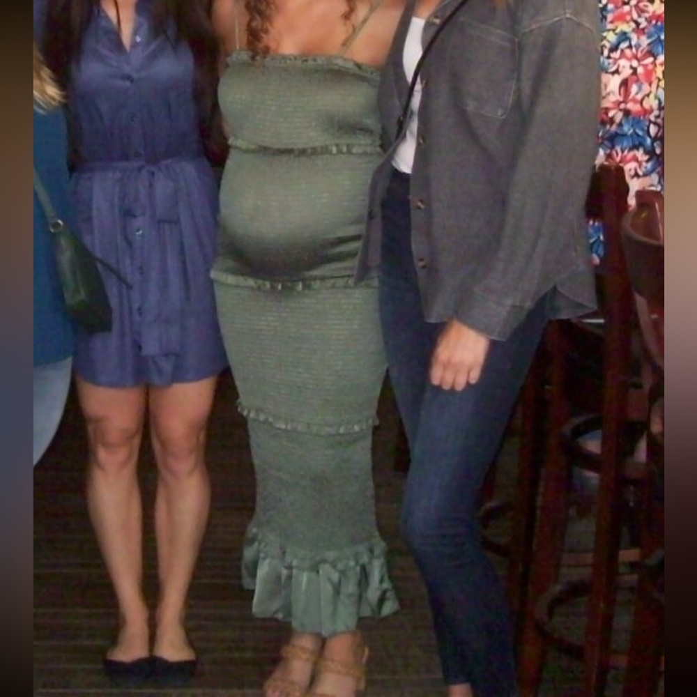 PinkBlush Mable Olive Green Smocked Ruffle Fitted Midi Dress - Picture 6 of 7
